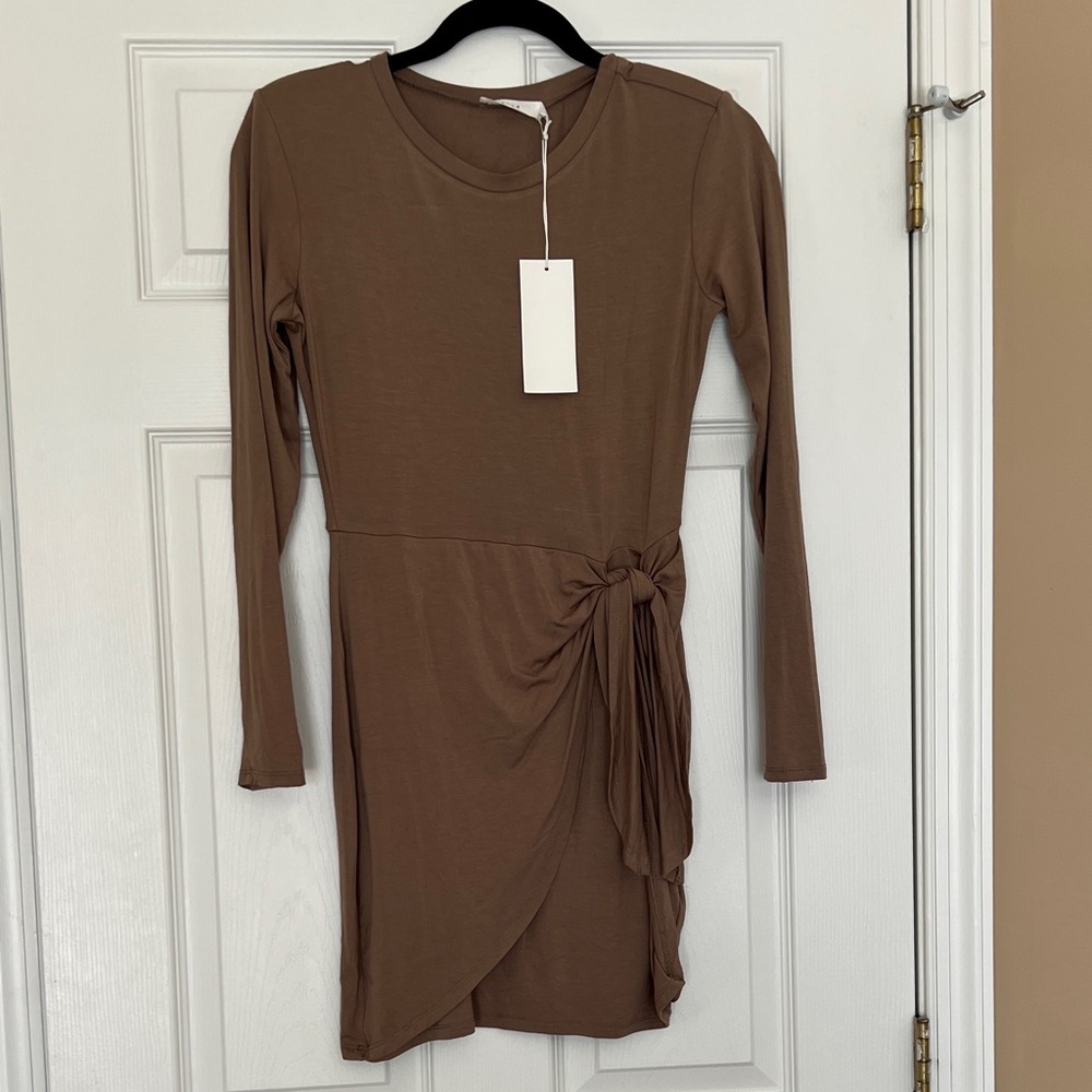 Lush/Vici Brown Long Sleeve Dress with Knot Detail